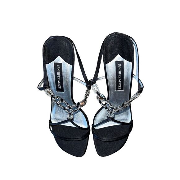 Jennifer Moore Onyx Black - Black Slingback - Jeweled Open Toe Heels Wmns Sz 10 - Picture 5 of 12
